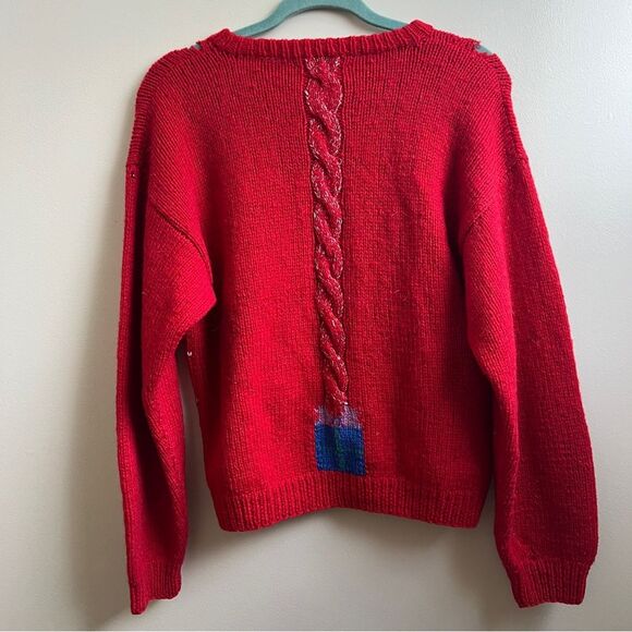 80s Vintage Red Wool Christmas Tree Hand Knit Sweater by The Eagle's Eye Size L - Picture 3 of 7